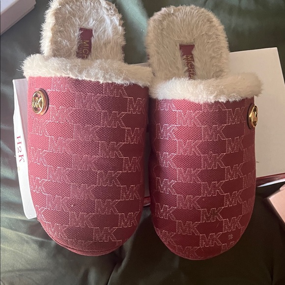Michael Kors Burgundy Slippers with Fur Trim - Picture 1 of 4